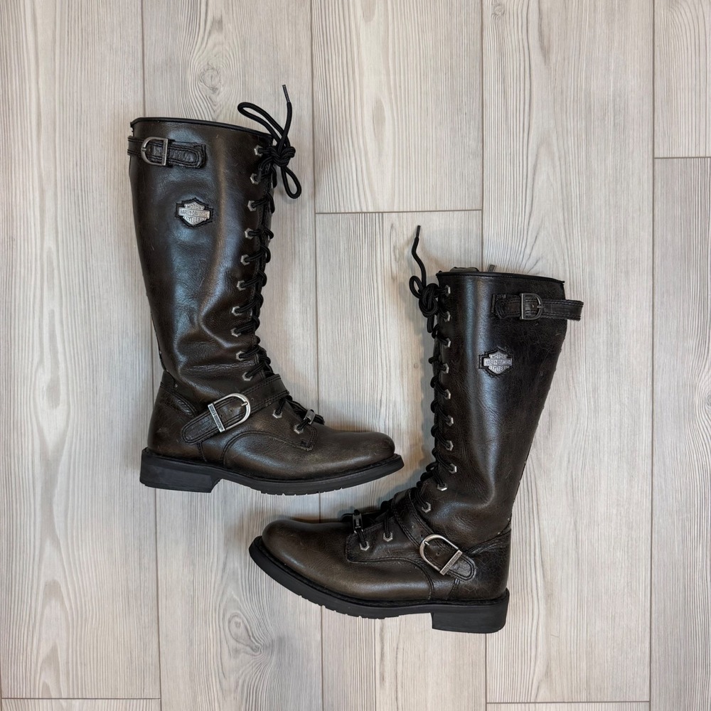 Harley Davidson Womens D83721 Tall Leather Moto Boots Brown Lace Up Buckle 9M - Picture 1 of 9